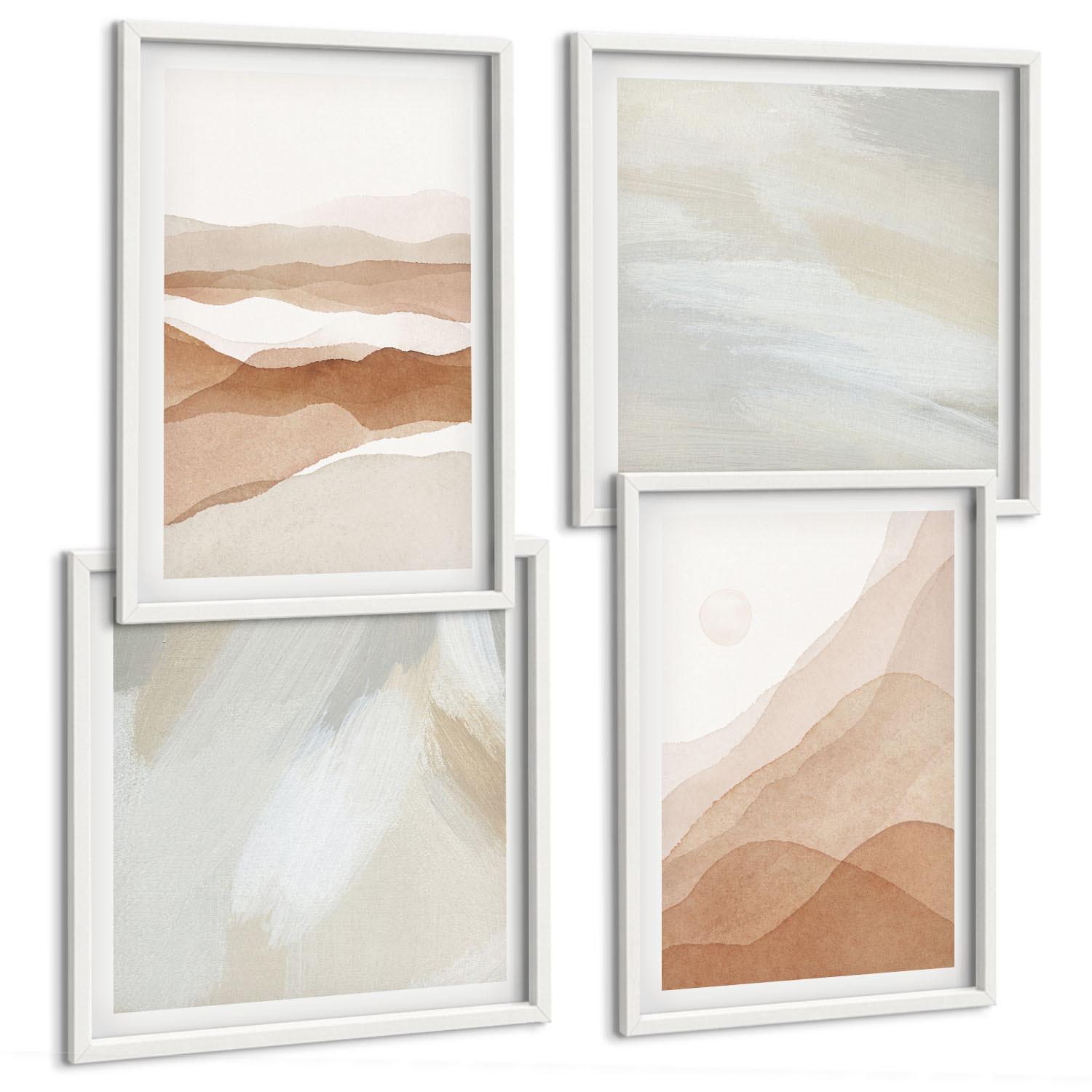 BILDER SET 4er Set - 50x50 cm & 40x60 cm Weißer Rahmen - Abstrakte braune Landschaften - Weiß, Kunststoff (50/50cm) - TULUP