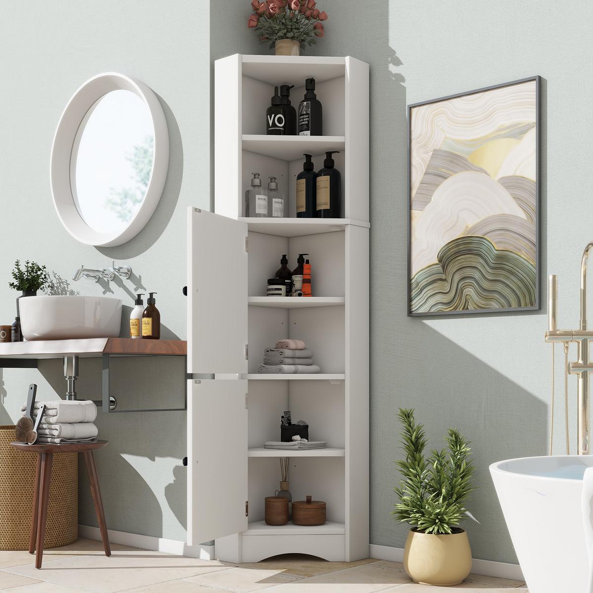 BADEZIMMER ECKSCHRANK Weiß 155cm mit 2 Türen & Offenen Ablagen - Weiß, Holzwerkstoff (51.7/155.4/32cm) - Urban Meuble