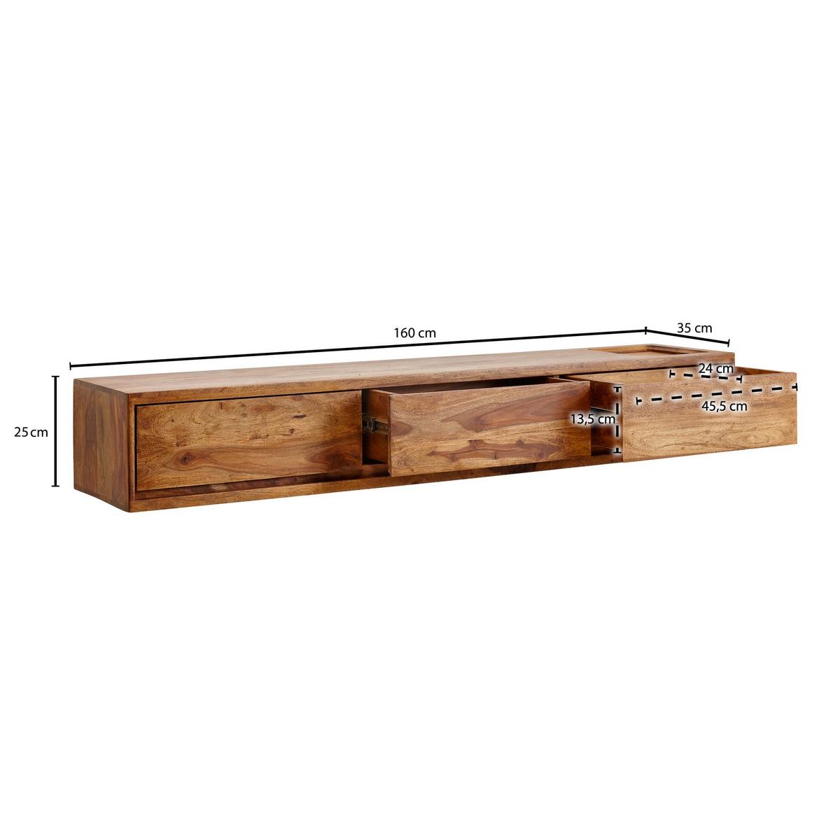 LOWBOARD Massivholz Modern Stil Hängend für 65-Zoll Fernseher mit 3 Schubladen - Braun, Holz (160/25/35cm) - KADIMA DESIGN