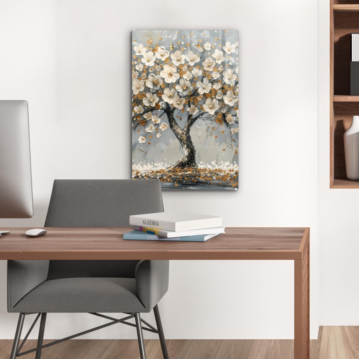 ACRYLGLASBILD Baum - Blumen - Weiß - Natur - Kunst Wanddeko Wohnzimmer 40x60 cm - Weiß, Glas (40/60cm) - MuchoWow