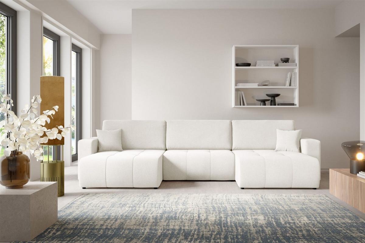 WOHNLANDSCHAFT Augusto - Creme, Holzwerkstoff/Textil (344/82/149cm) - Fun Möbel