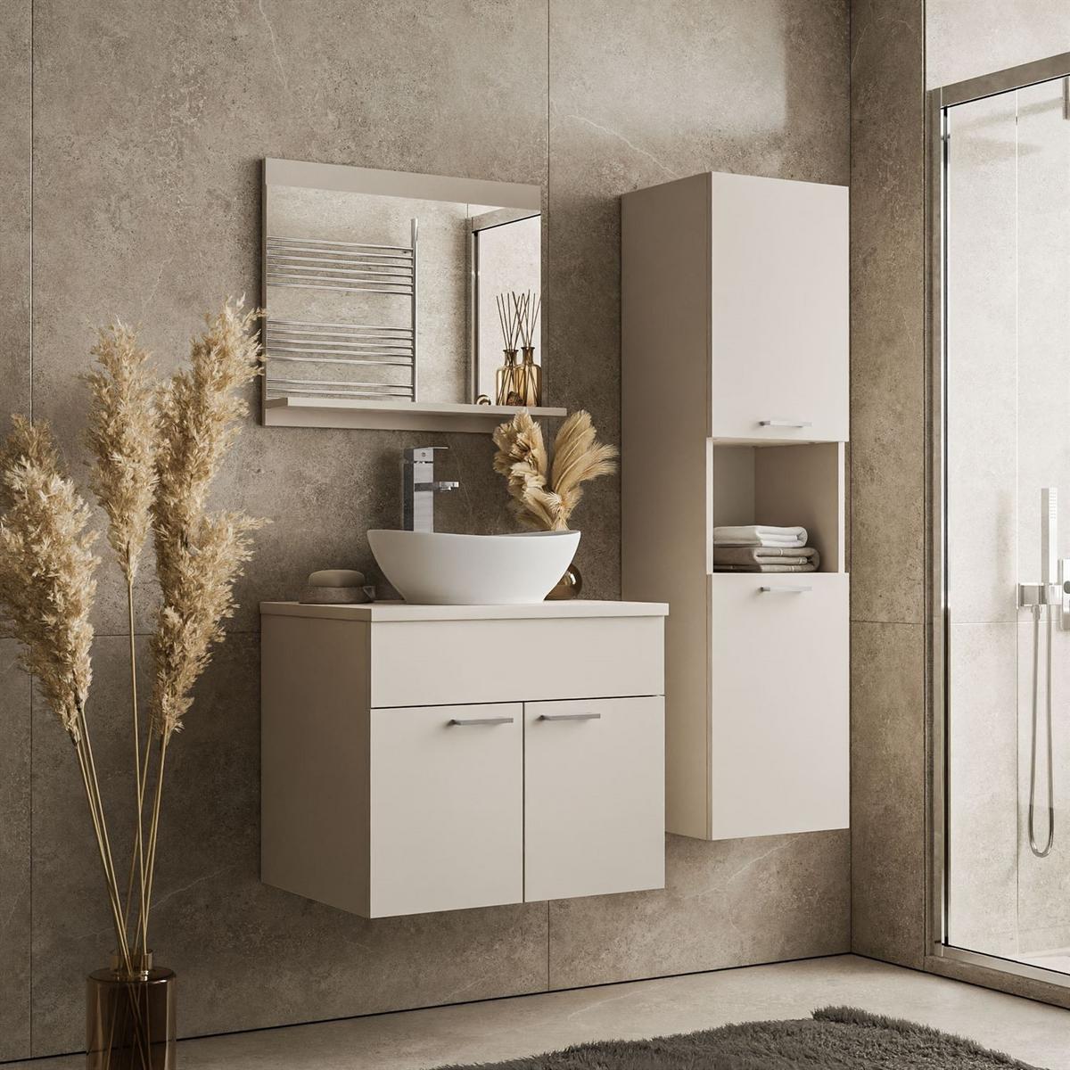 BADMÖBEL-SET LUMIRE II Kaschmir Matt mit Spiegel - Beige, Holzwerkstoff (60/52/46cm) - Lookway