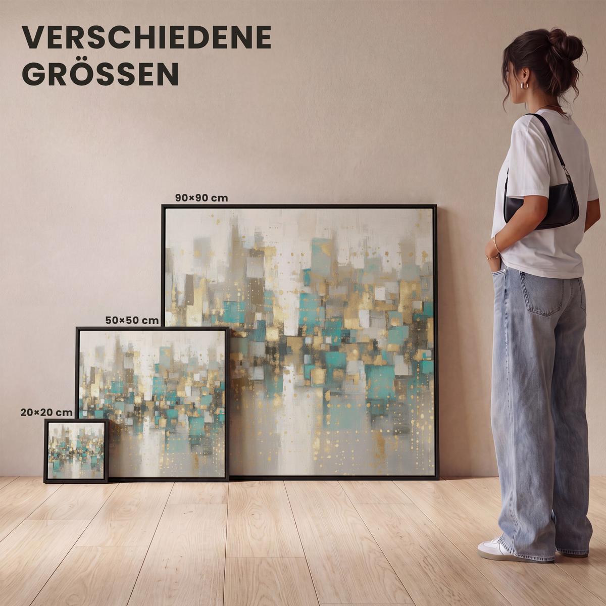 LEINWAND Bilder mit Rahmen - Abstrakt - Blöcke - Gold - Skyline - 50x50 - Beige, Textil (50/50cm) - MuchoWow