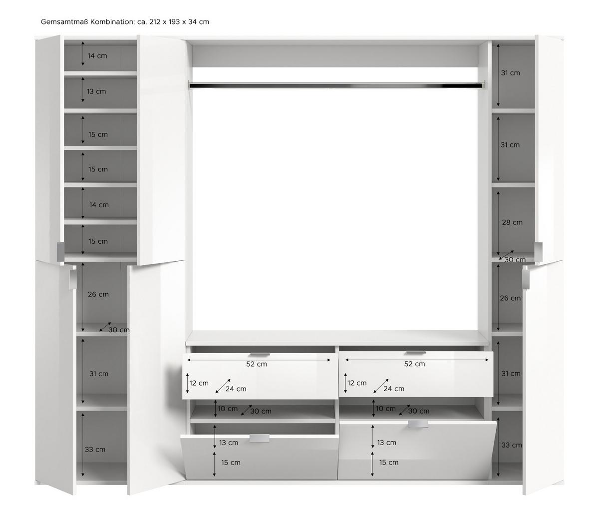 GARDEROBEN-SET weiß Hochglanz, Eiche 212 cm, Komplettset mit viel Stauraum - Chromfarben/Weiß Hochglanz, Holzwerkstoff/Kunststoff (212/193/34cm) - Inn.Furn