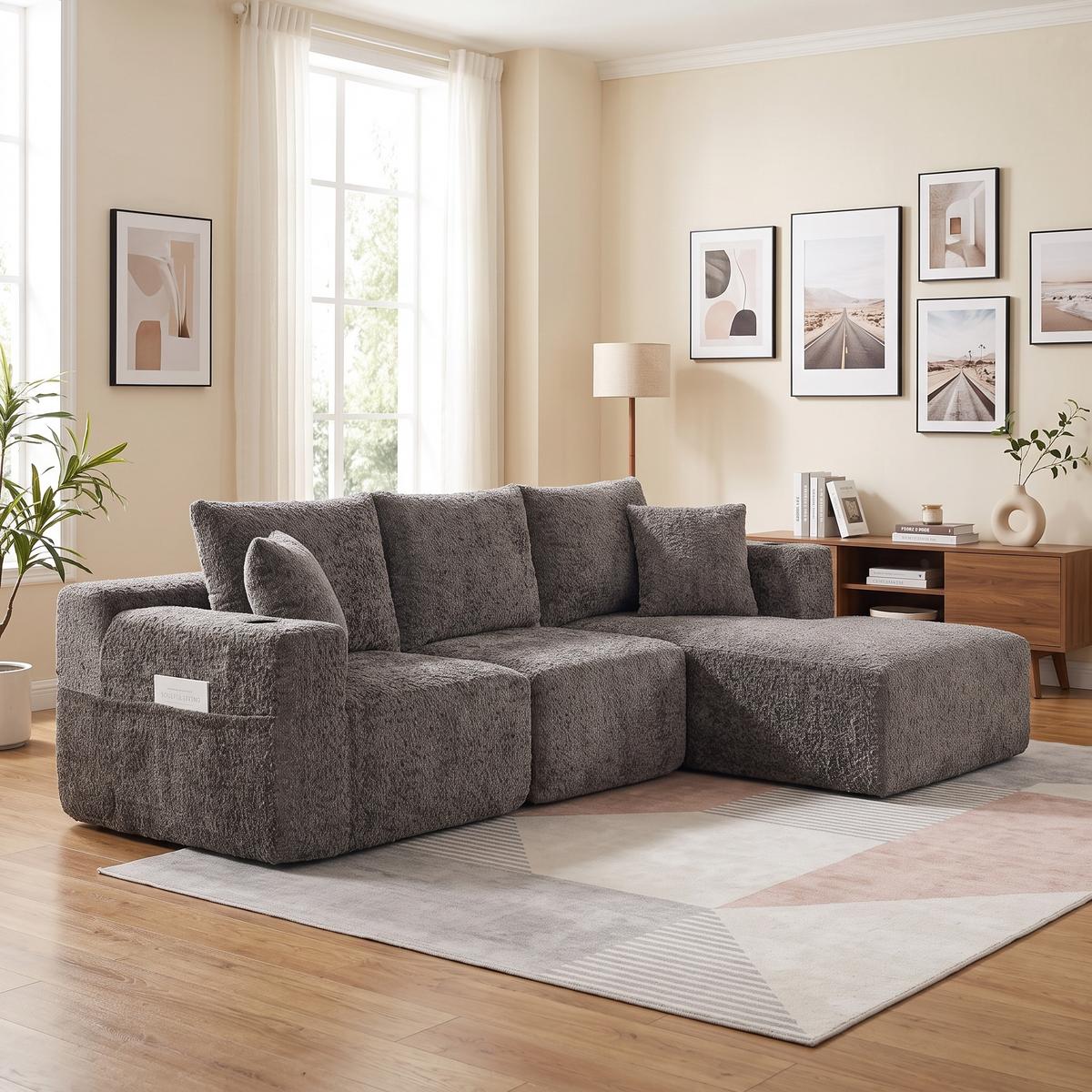 ECKSOFA Modulares L-Form Chenille mit Getränkehalter & Memory-Schaum 261cm - Dunkelgrau, Textil (261/165cm) - Urban Meuble