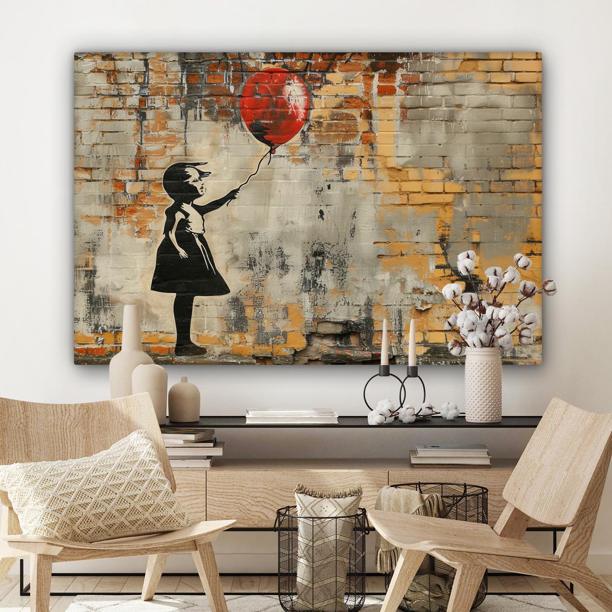 LEINWANDBILD Graffiti - Banksy - Mädchen - Straßenkunst Wohnzimmer Groß 120x80 cm - Sandfarben, Textil (120/80cm) - MuchoWow