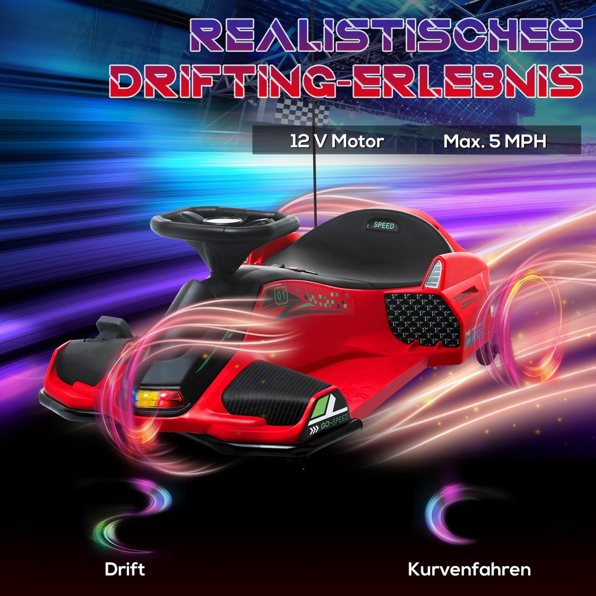 KINDER Elektro Gokart 12 V 3-8km/h Drift Kart mit Driftmodus Lichtern Musik - Rot, Kunststoff (90/53/99cm) - HOMCOM