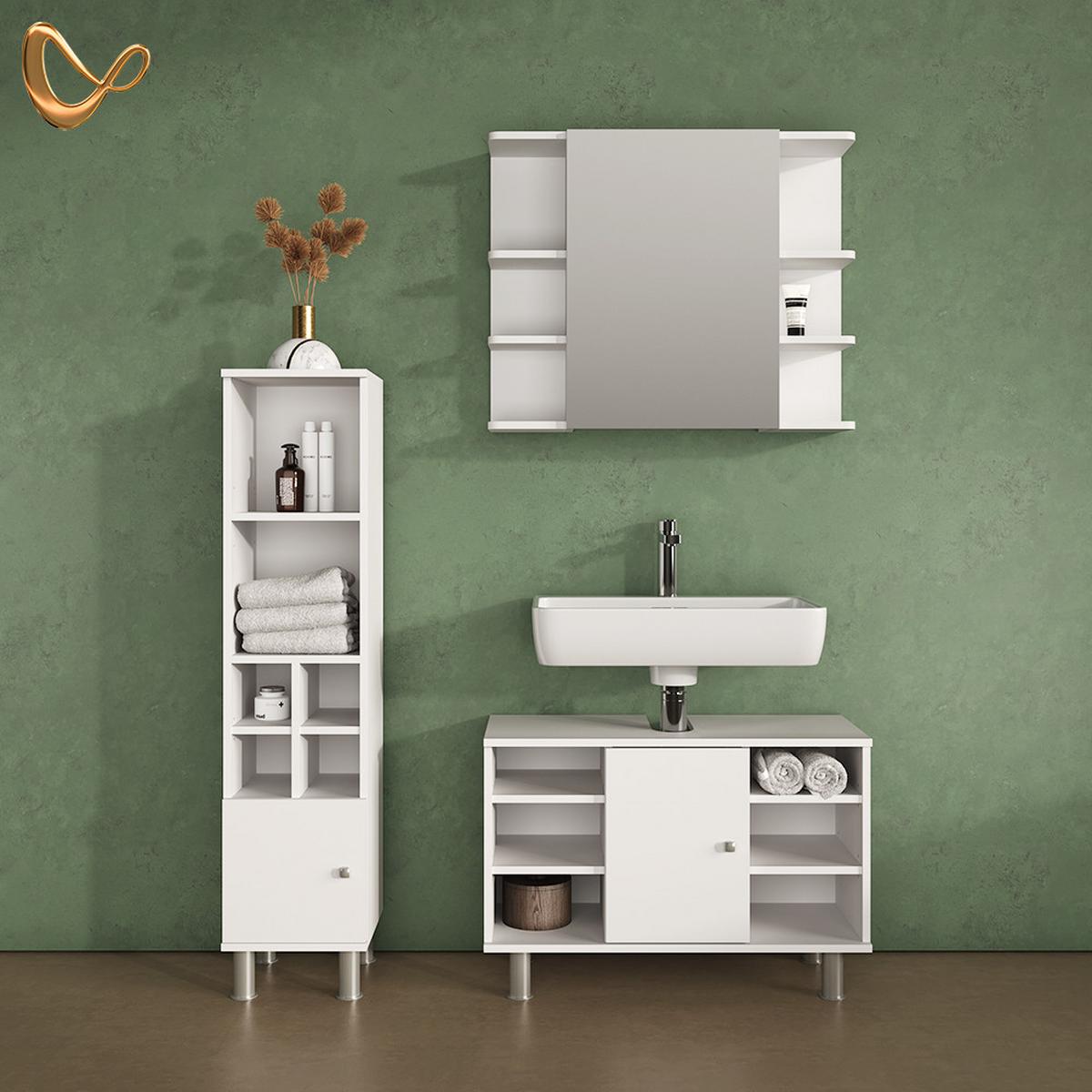 BADMÖBEL-SET Fucino Weiß 3 Teile, mit Midischrank Tür klein - Weiß, Holzwerkstoff (80/54/32cm) - Livinity®
