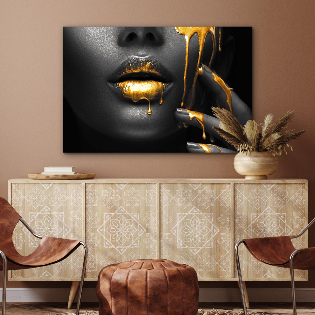 METALLBILD Frau - Schwarz - Gold - Gesicht - Lippen Deko Groß 120x80 cm - Goldfarben, Metall (120/80cm) - MuchoWow