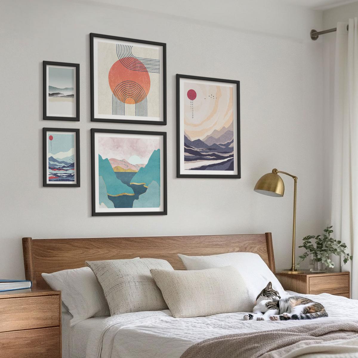 BILDER SET 5er Set - 50x50 cm & 20x30 cm & 40x60 cm Schwarzer Rahmen - Farbenfrohe Muster der Japandi-Flussberge - Schwarz, Kunststoff (40/60cm) - TULUP