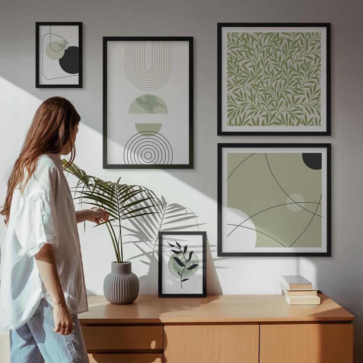 BILDER SET 5er Set - 50x50 cm & 20x30 cm & 40x60 cm Schwarzer Rahmen - Abstrakte Pflanzenmotive - Schwarz, Kunststoff (40/60cm) - TULUP