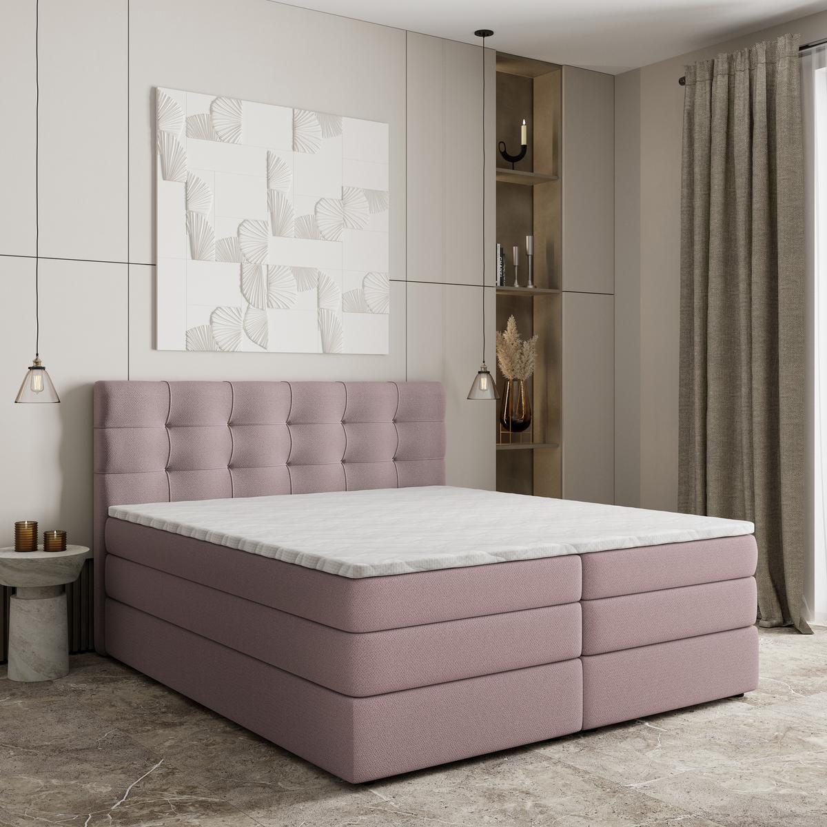 BOXSPRINGBETT AREZI 140x200 cm mit Matratze und Topper - Rosa - Rosa, Holz (140/200cm) - MASSENO