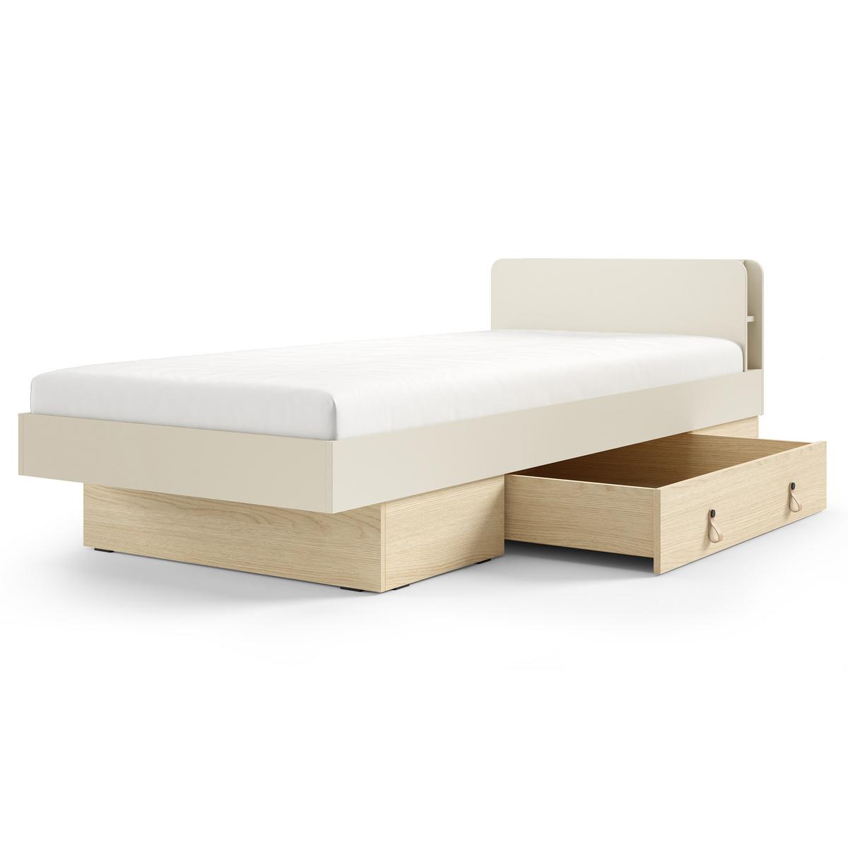 BETT Sorella 90x200 cm mit Lattenrost und Bettkasten-Schublade, mit Matratze 26 cm, Macadamia + Eiche Mavelie - Eichefarben/Beige, Leder/Holzwerkstoff (90/200cm) - Beautysofa