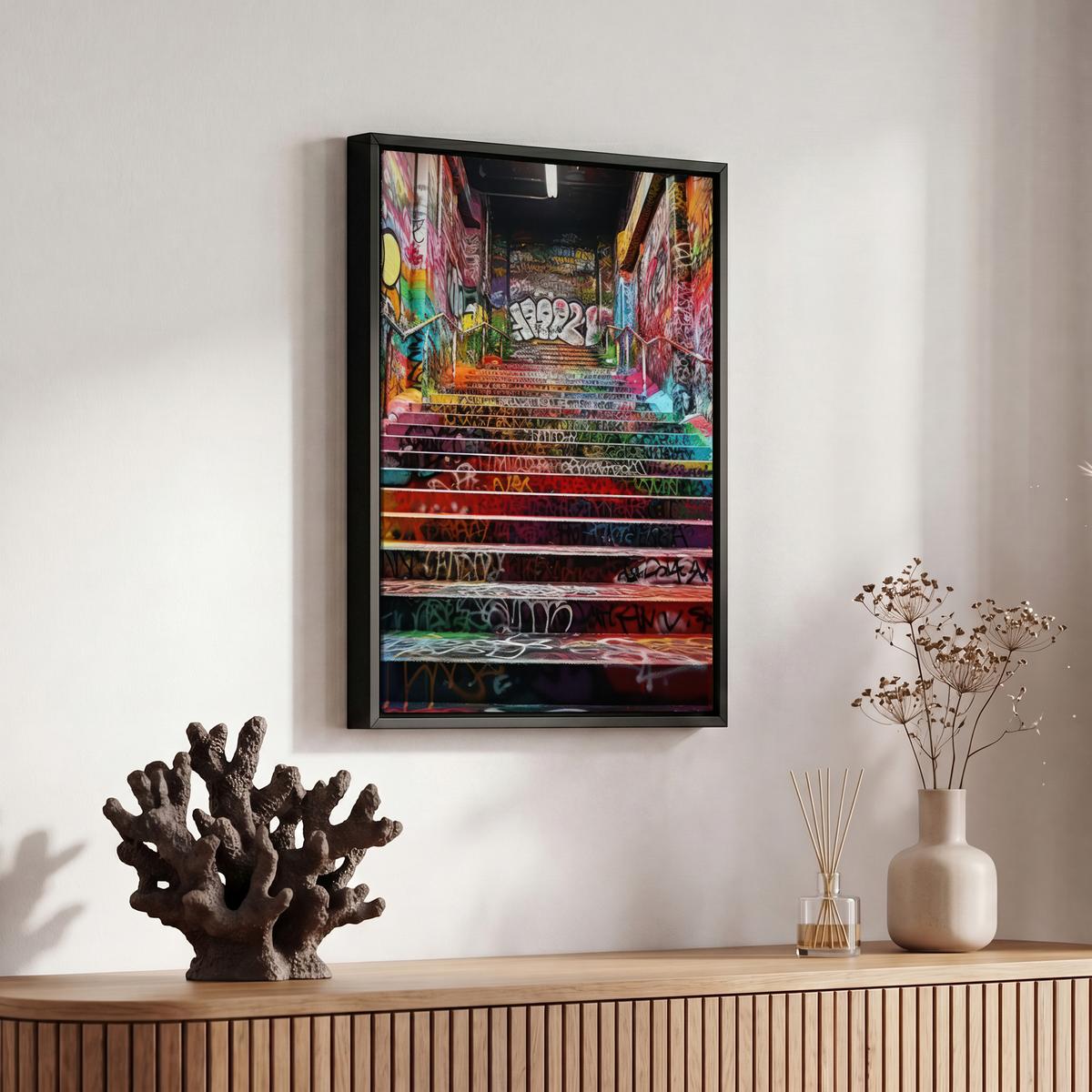 LEINWAND Bilder mit Rahmen - Treppe - Graffiti - Farben - Kunst - 20x30 - Multicolor, Textil (20/30cm) - MuchoWow
