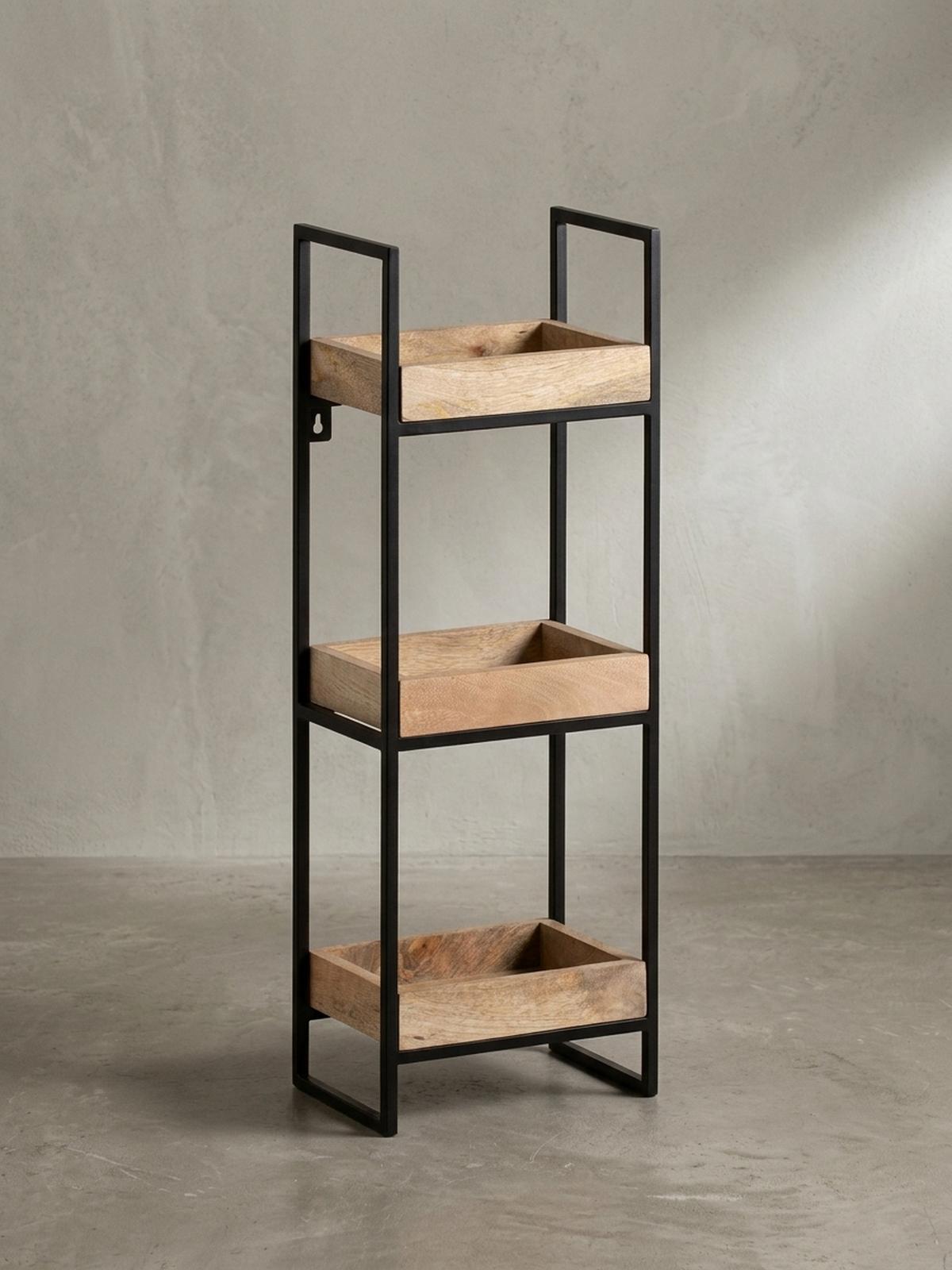 WANDREGAL Mango Massivholz Metall Industrial Stil 27x77x18 cm Rechteckig mit 3 Ablagen - Schwarz/Braun, Holz (27/77/18cm) - KADIMA DESIGN