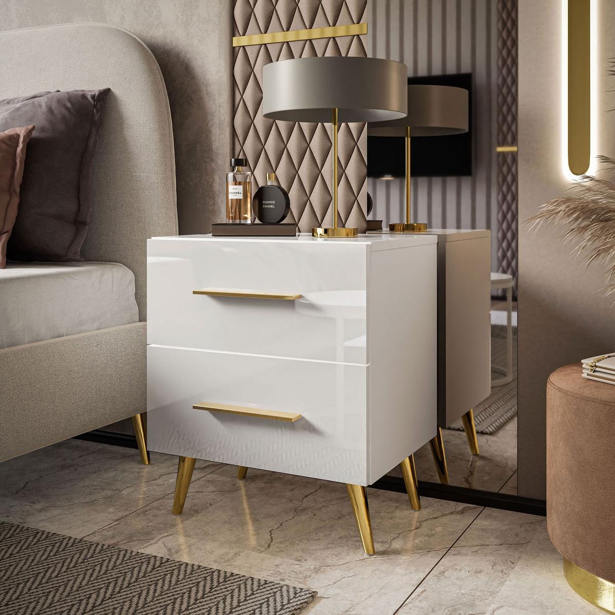 NACHTTISCH AURA LUX mit Hochglanzplatte auf Beinen – Beinfarbe: Gold - Goldfarben/Weiß, Holzwerkstoff (45/55/39cm) - Lookway