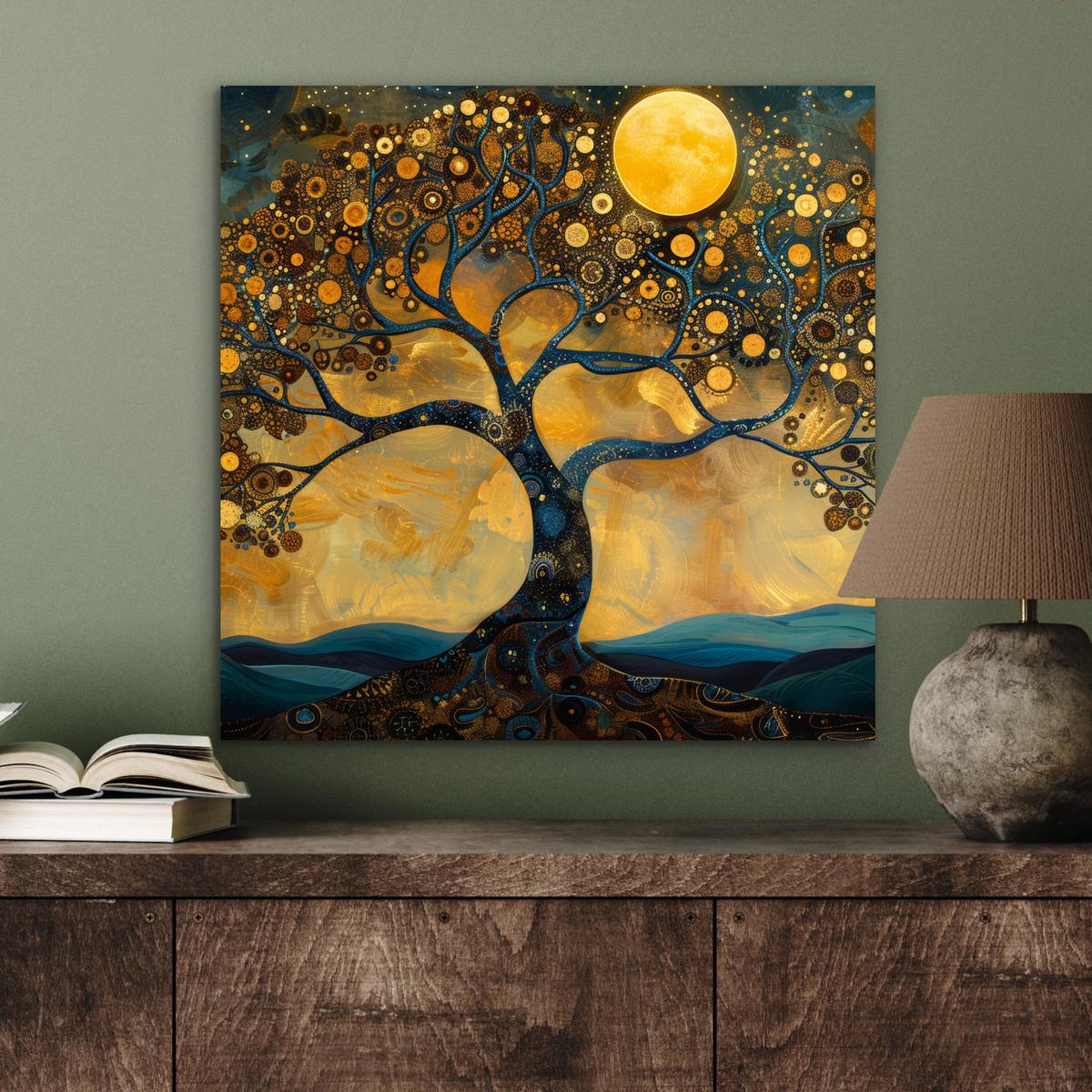 METALLBILD Baum - Mond - Blumen - Gold - Kunst 50x50 cm - Orange, Metall (50/50cm) - MuchoWow