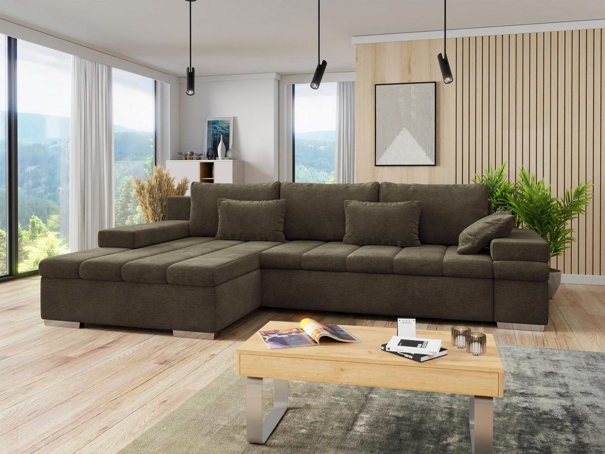 ECKSOFA Bangkok, Seite: Links - Dunkelbraun/Silberfarben, Holz/Textil (310/175cm) - MIRJAN24