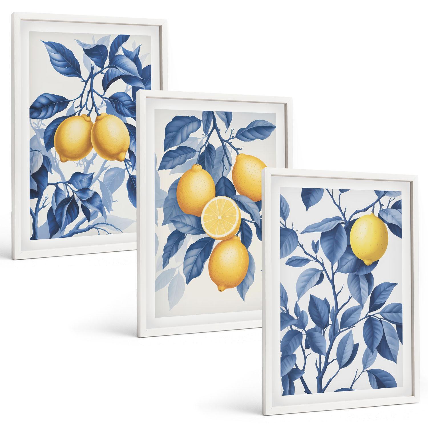 BILDER SET 3er Set - 40x60 cm Weißer Rahmen - Zitronenzweige mit blauen Blättern - Weiß, Kunststoff (40/60cm) - TULUP