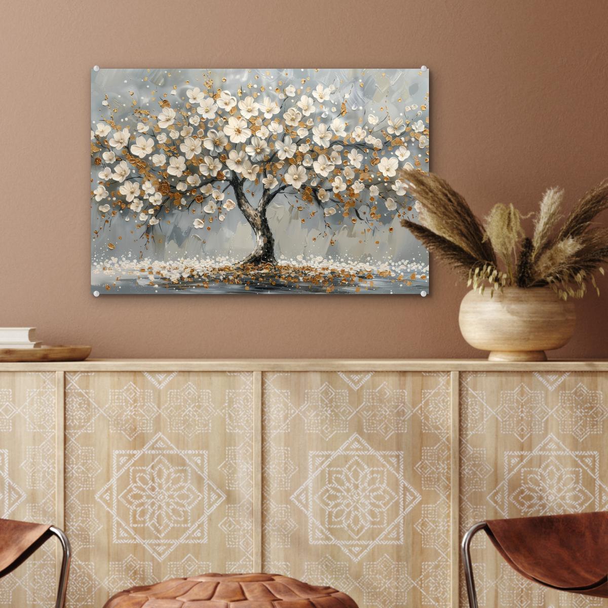 ACRYLGLASBILD Baum - Blumen - Weiß - Natur - Kunst Wanddeko 60x40 cm - Weiß, Glas (60/40cm) - MuchoWow