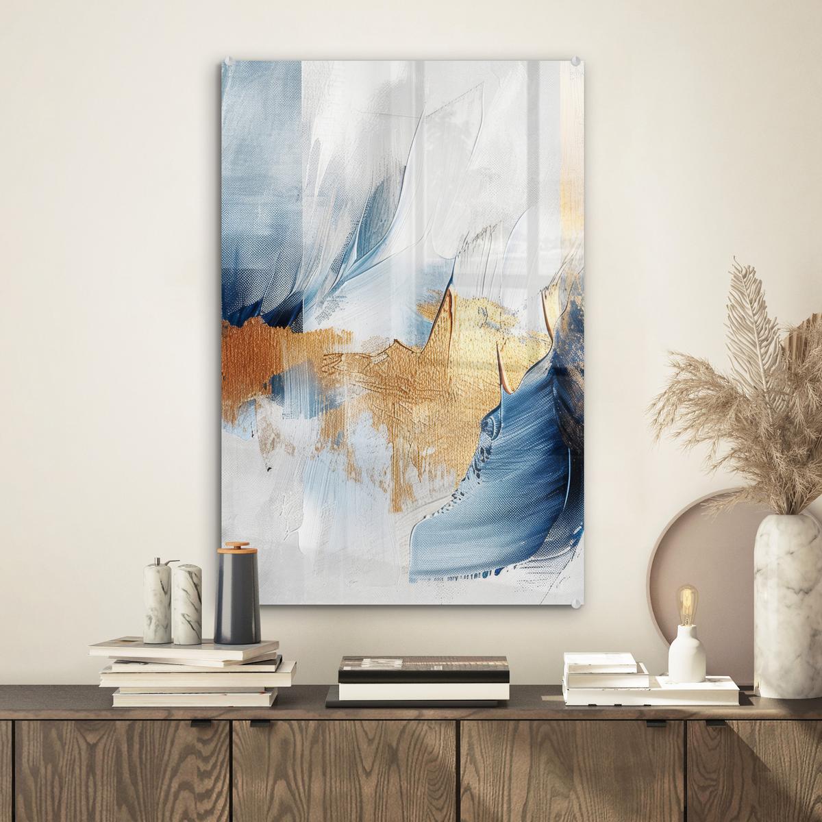 ACRYLGLASBILD Gold - Blau - Aquarell - Kunst - Modern Wanddeko Wohnzimmer 40x60 cm - Hellblau, Glas (40/60cm) - MuchoWow