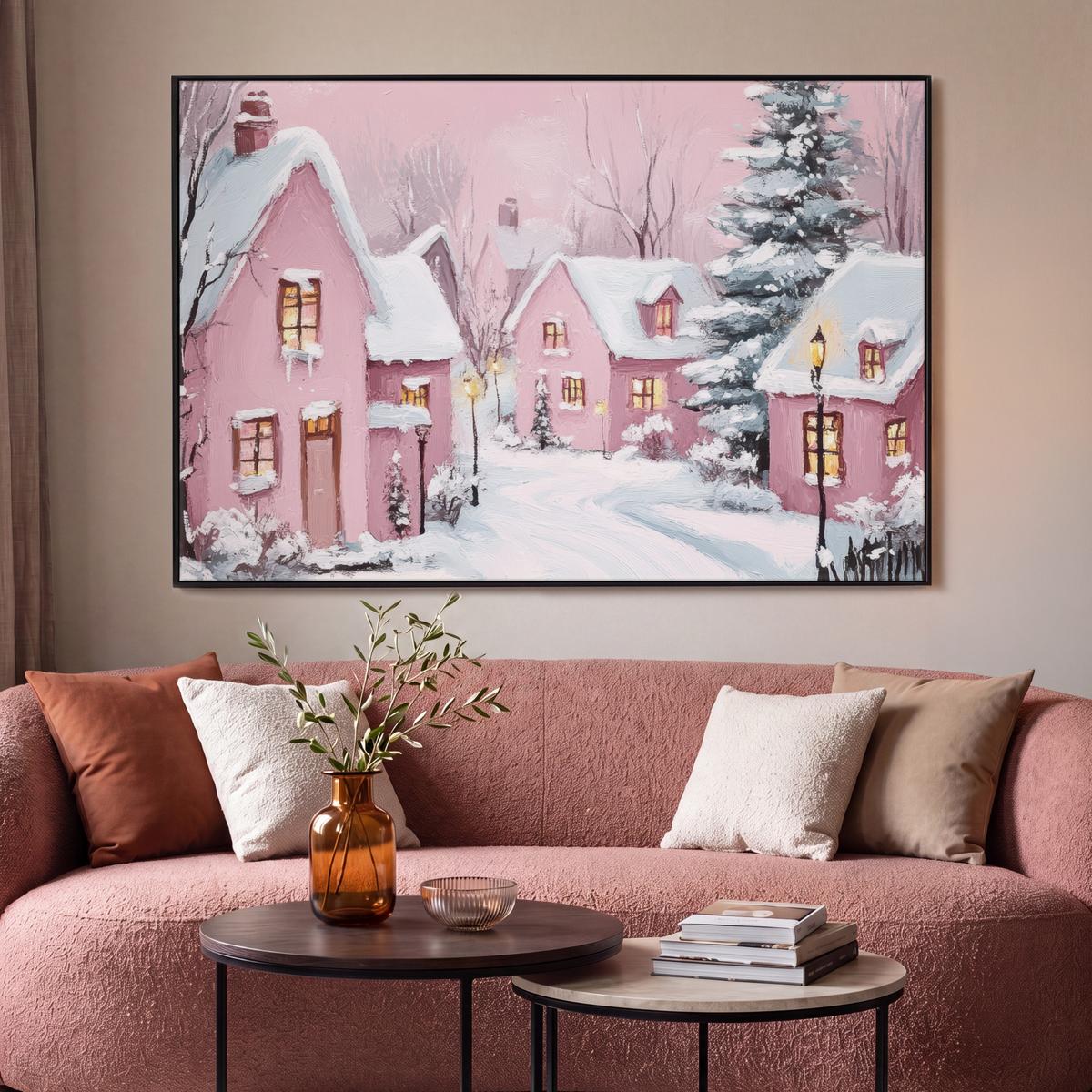 LEINWAND Bilder mit Rahmen - Weihnachtsdorf - Rosa - Winter - Schnee - Häuser - 150x100 - Altrosa, Textil (150/100cm) - MuchoWow