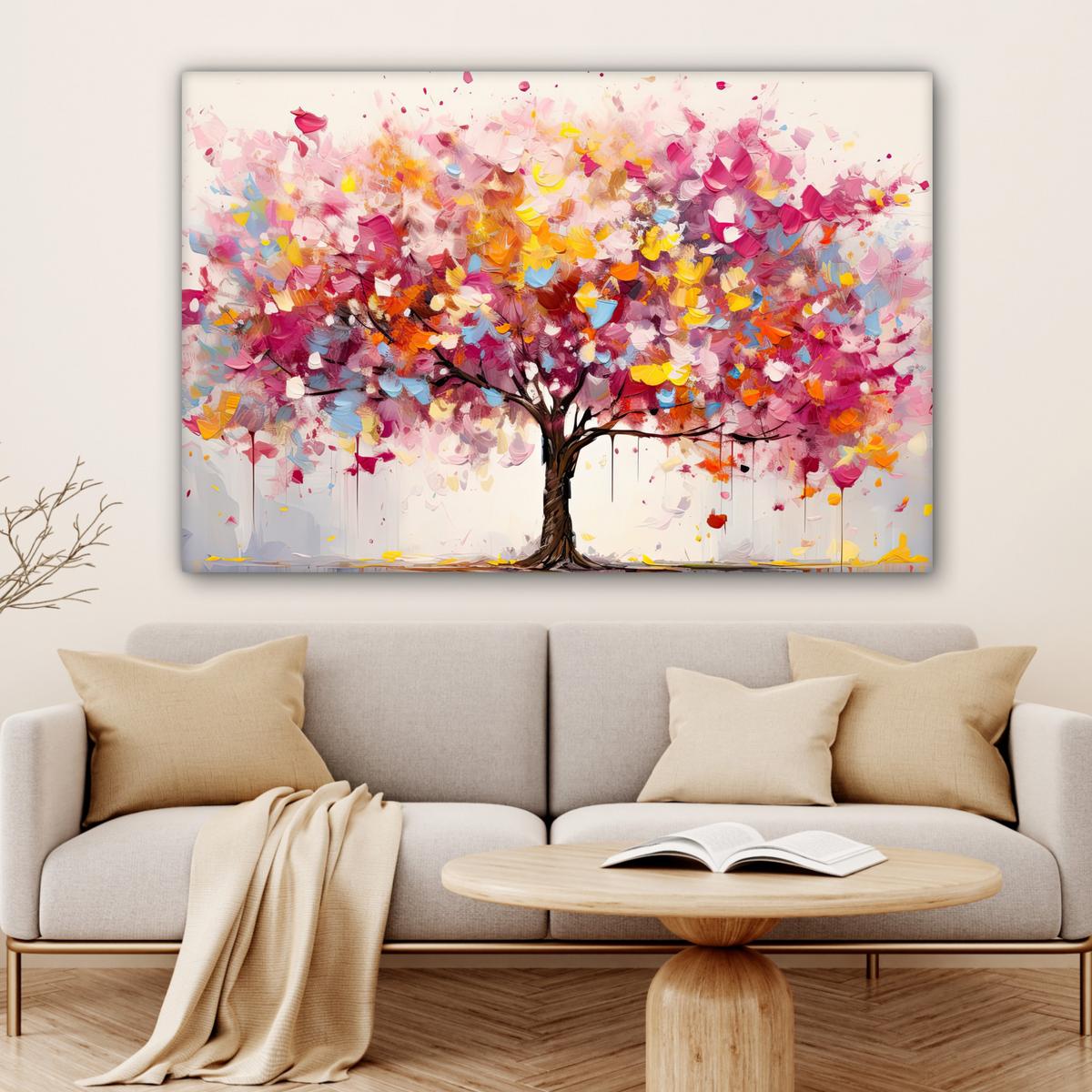 LEINWANDBILD Aquarell - Baum - Kunst - Abstrakt Groß 140x90 cm - Rosa, Textil (140/90cm) - MuchoWow