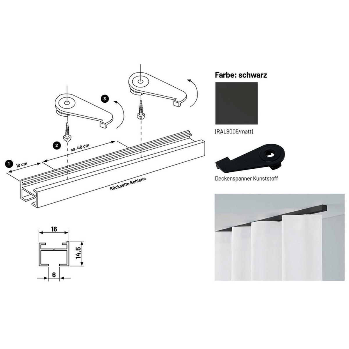 GARDINENSCHIENE auf Maß 1-lauf Deckenmontage Square 130cm - Schwarz, Metall (130cm) - Deco-Raum