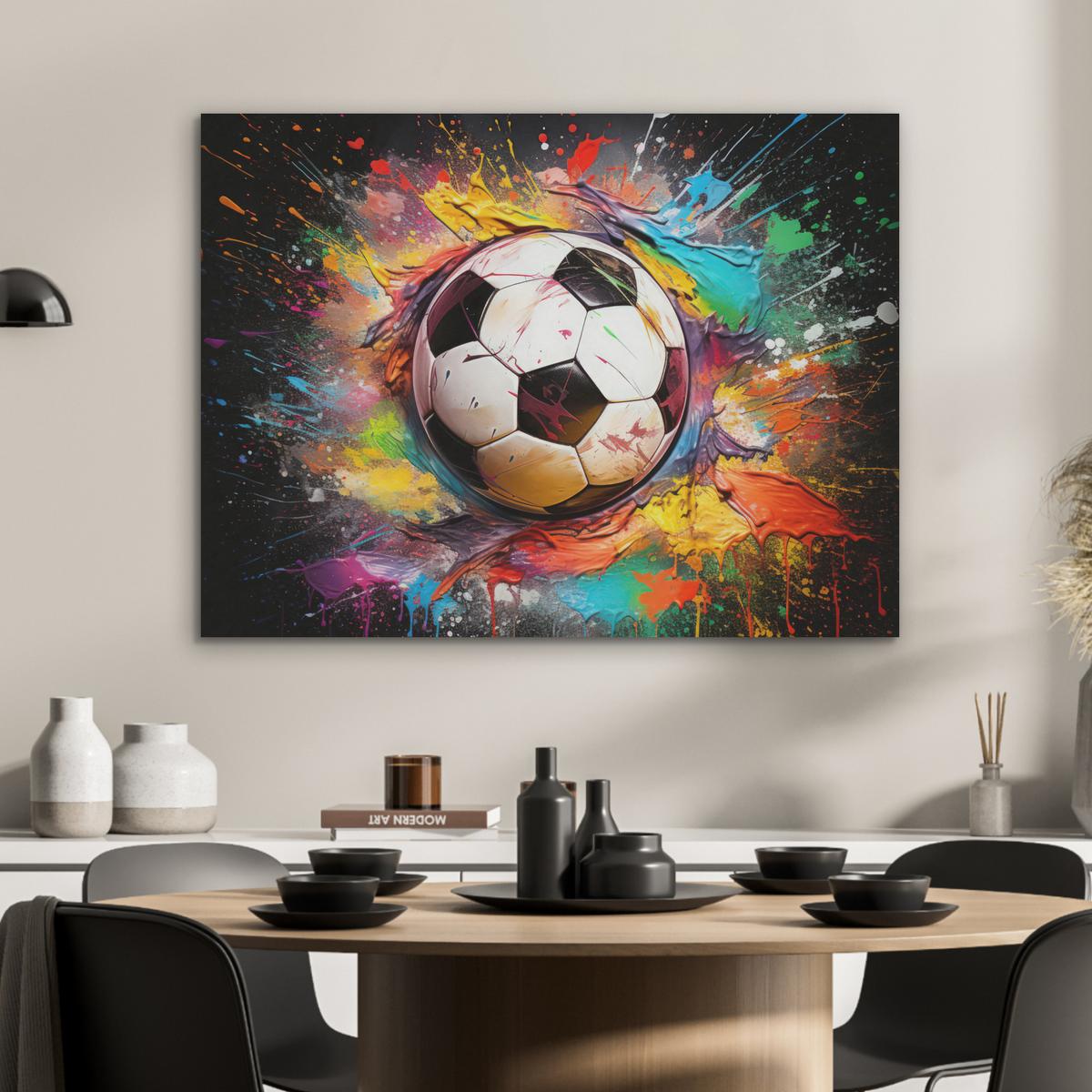 AKUSTIKBILD Fußball - Farbe - Farben - Schwarz - Weiß Gemälde 80x60 cm - Weiß, Kunststoff (80/60/0.9cm) - MuchoWow