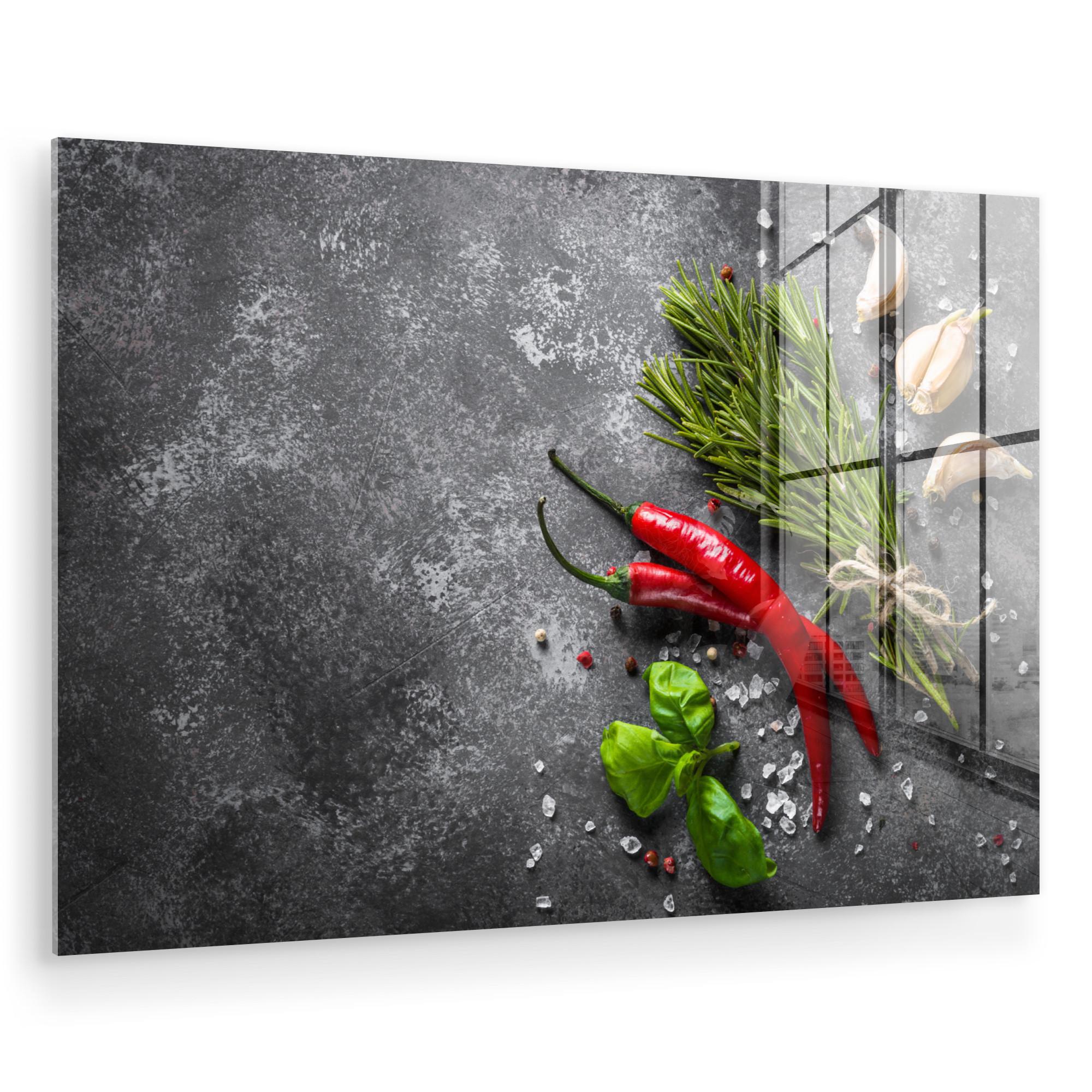 ACRYLGLASBILD Pfeffer - Kräuter - Gewürze - Beton Wandbild Schlafzimmer 120x80 cm - Dunkelgrau, Glas (120/80cm) - MuchoWow
