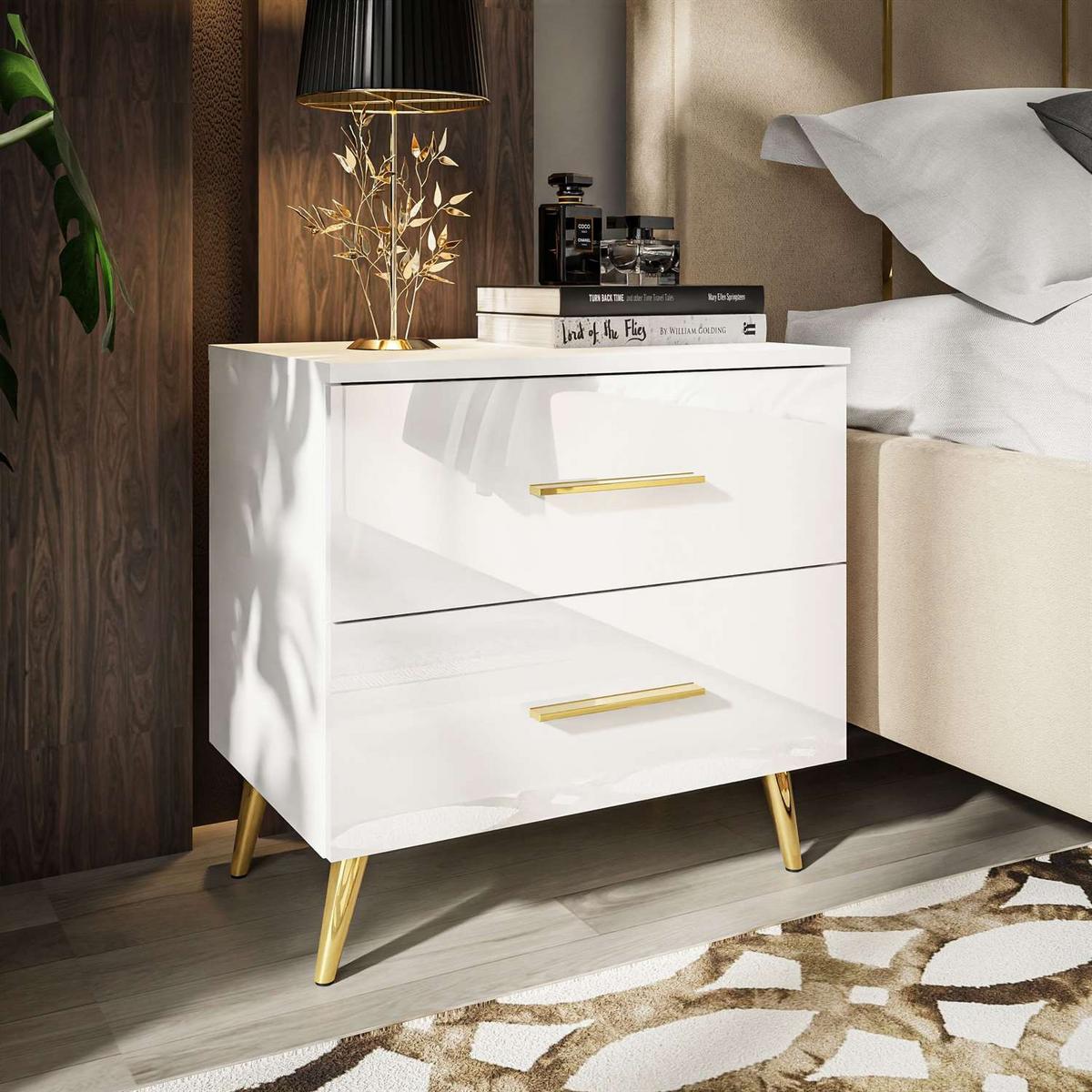 NACHTTISCH AURA mit Griffen, goldenen Beinen - Goldfarben/Weiß, Holzwerkstoff (55/55/37cm) - Lookway
