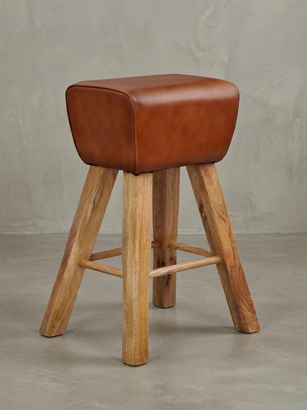 BARHOCKER – Ziegenleder und Mango Massivholz, Turnbock-Design, 43x75x43 cm, Dunkelbraun - Braun, Mangoholz/Leder (43/75/43cm) - KADIMA DESIGN