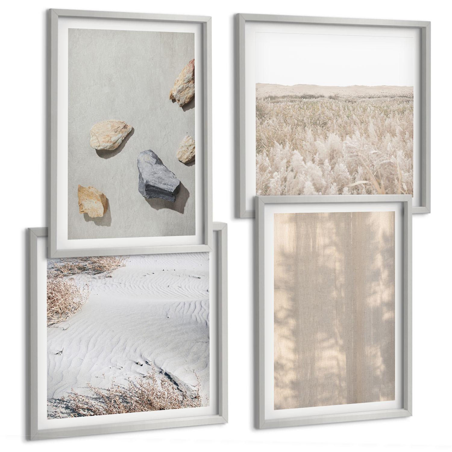 BILDER SET 4er Set - 50x50 cm & 40x60 cm Silberner Rahmen - Boho-Naturtexturen - Silberfarben, Kunststoff (50/50cm) - TULUP