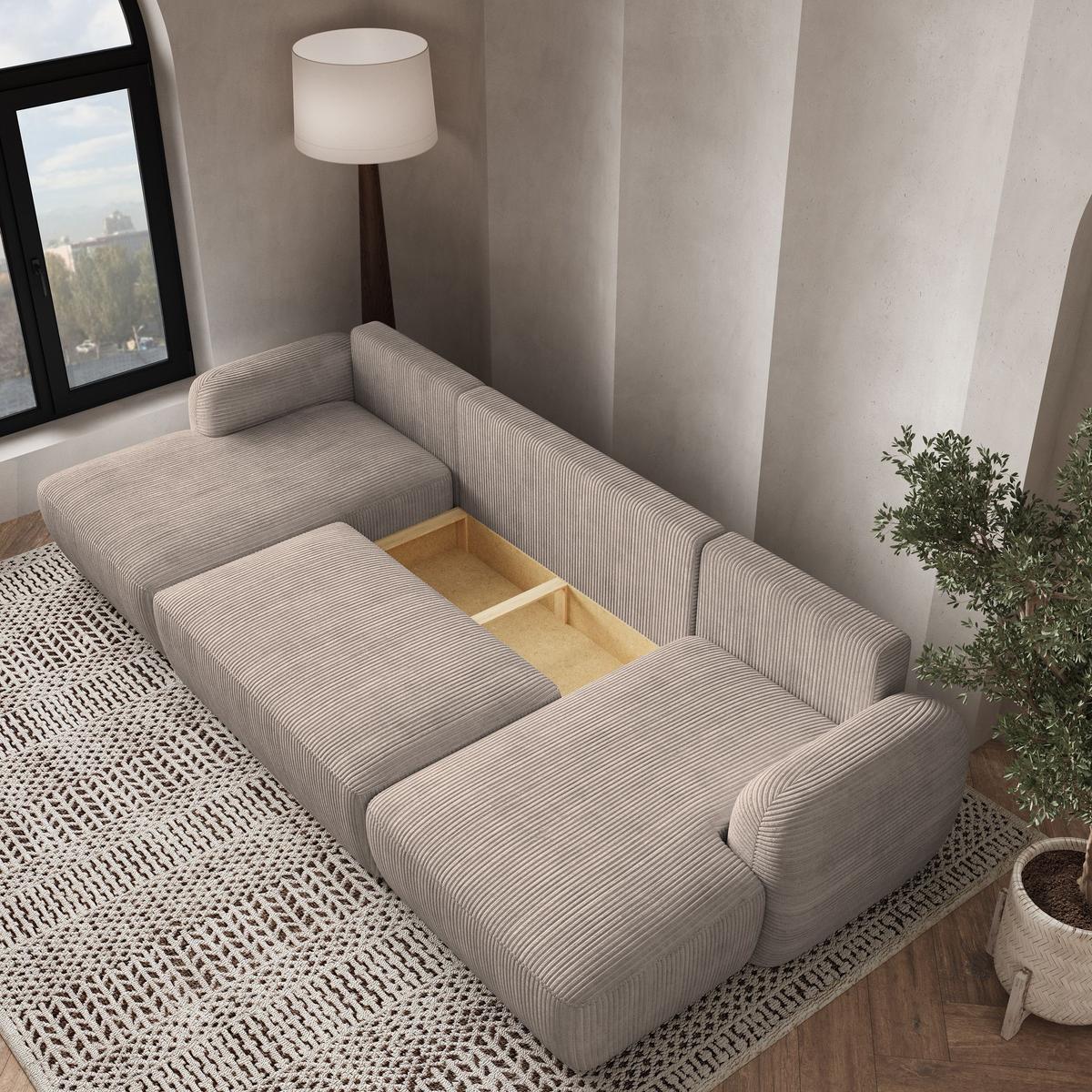 WOHNLANDSCHAFT SAVONA P Beige Kordstoff mit Schlaffunktion - Beige/Schwarz, Holz/Kunststoff (320/90/148cm) - MASSENO