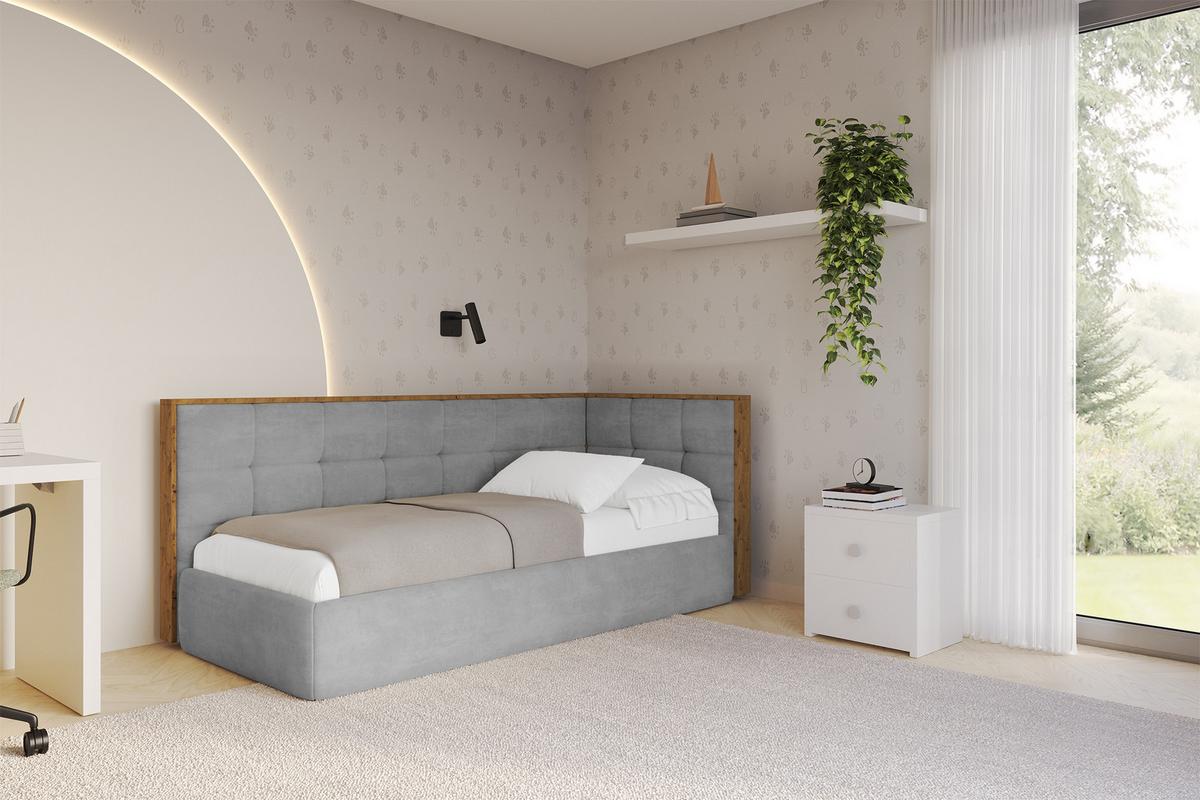 EINZELLBETT Jugendbett mit Bettkasten und Matratze H3/H4, Links - SOVY 80x200 Grau - Hellgrau, Holzwerkstoff/Textil (80/200cm) - ALTDECOR