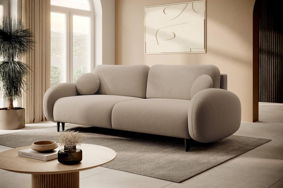 BETTSOFA AGIO Beige Plüsch-Stoff mit Schlaffunktion - Beige, Holz (232/95/109cm) - MASSENO