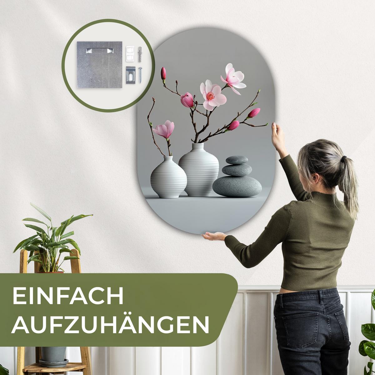 WANDBILD Magnolie - Blumen - Rosa - Zen-Steine Deko Groß 80x120 cm - Hellgrau, Kunststoff (80/120cm) - MuchoWow