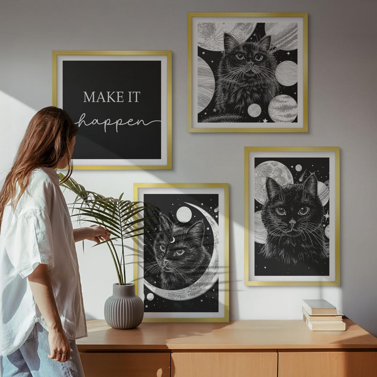 BILDER SET 4er Set - 50x50 cm & 40x60 cm Goldrahmen - Schwarze Katzen, Mond, Planet - Goldfarben, Kunststoff (50/50cm) - TULUP