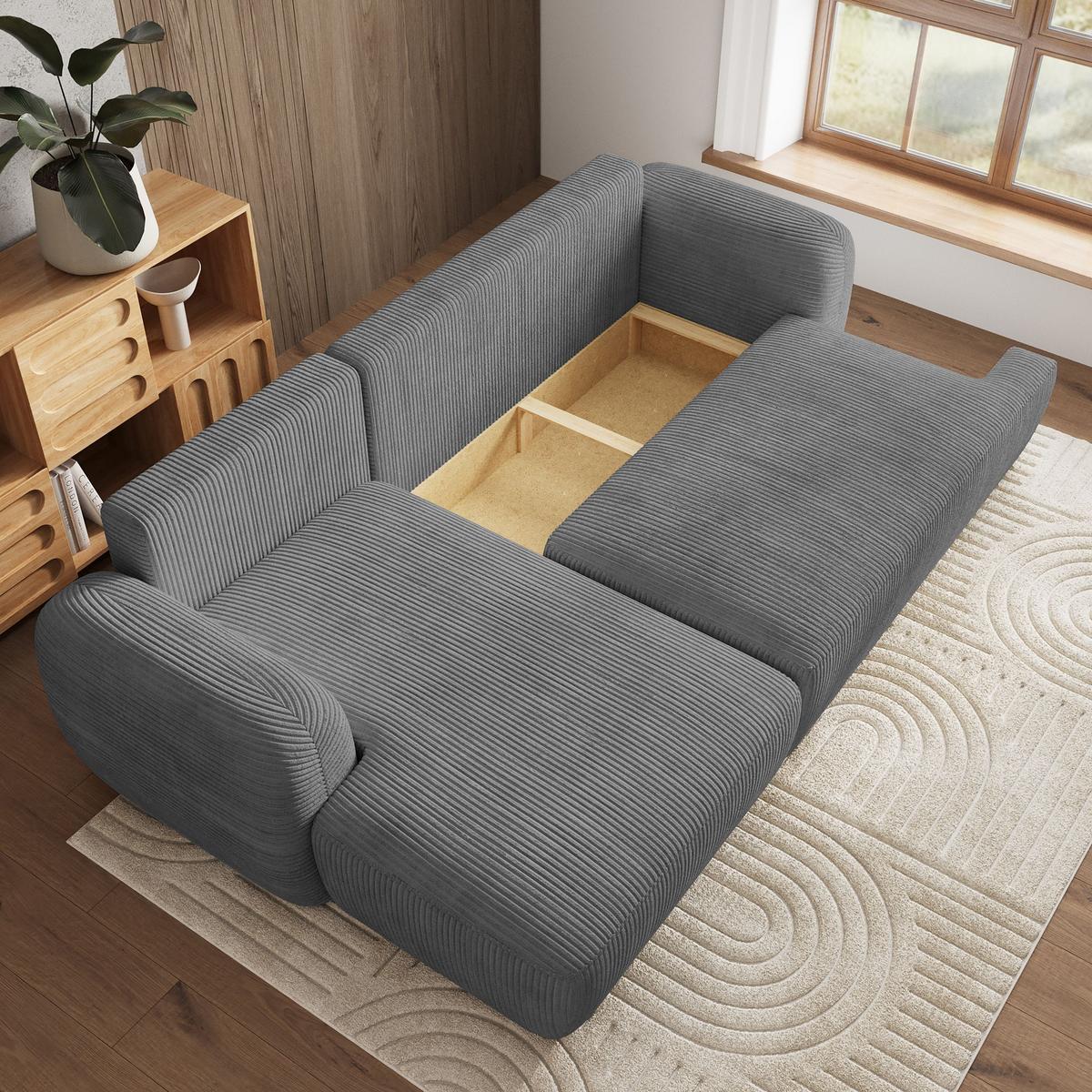 ECKSOFA MODENZA P L-S Grau Kordstoff mit Schlaffunktion - Schwarz/Grau, Holz/Kunststoff (266/148cm) - MASSENO