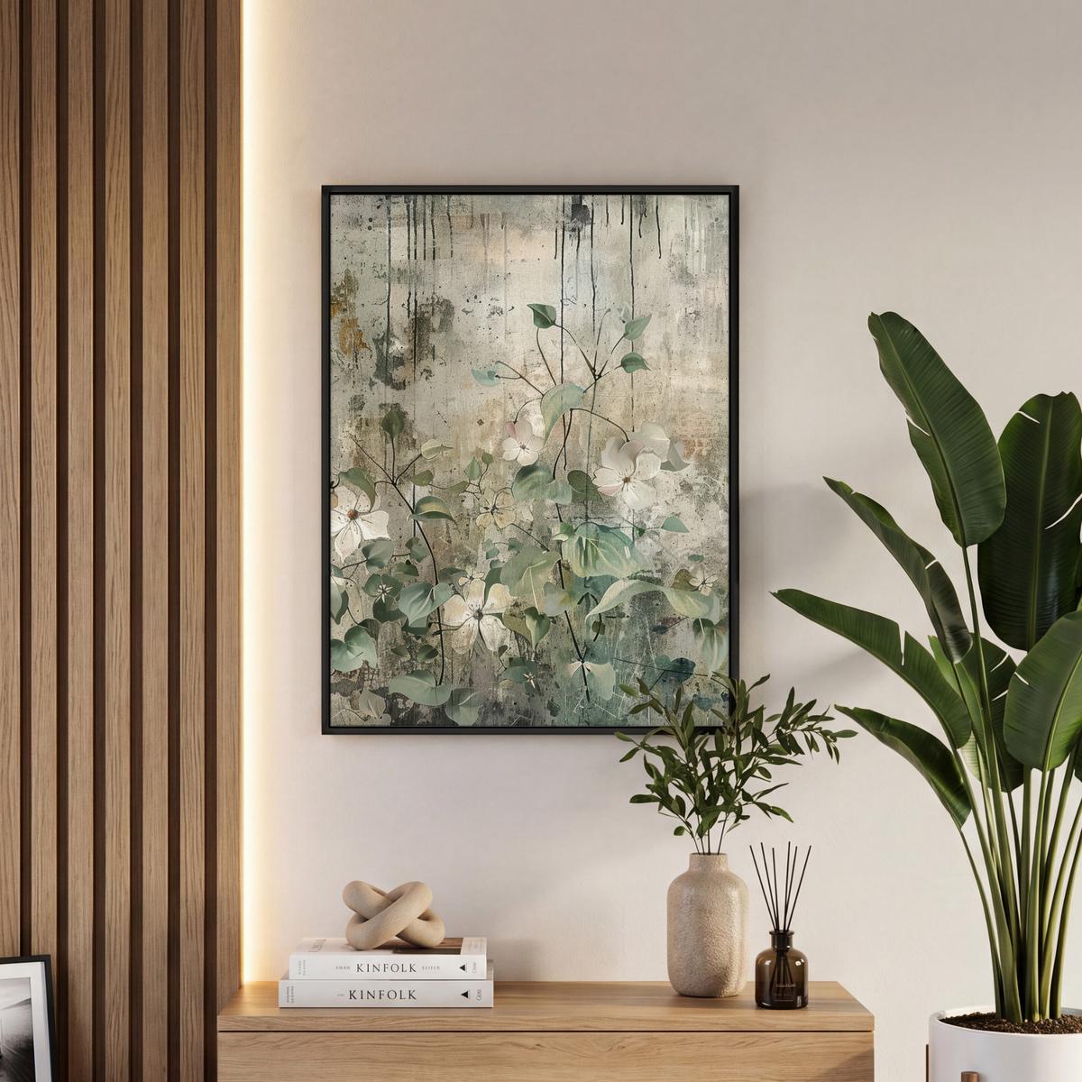 LEINWAND Bilder mit Rahmen - Blumen - Blätter - Abstrakt - Modern - 50x70 - Grau, Textil (50/70cm) - MuchoWow