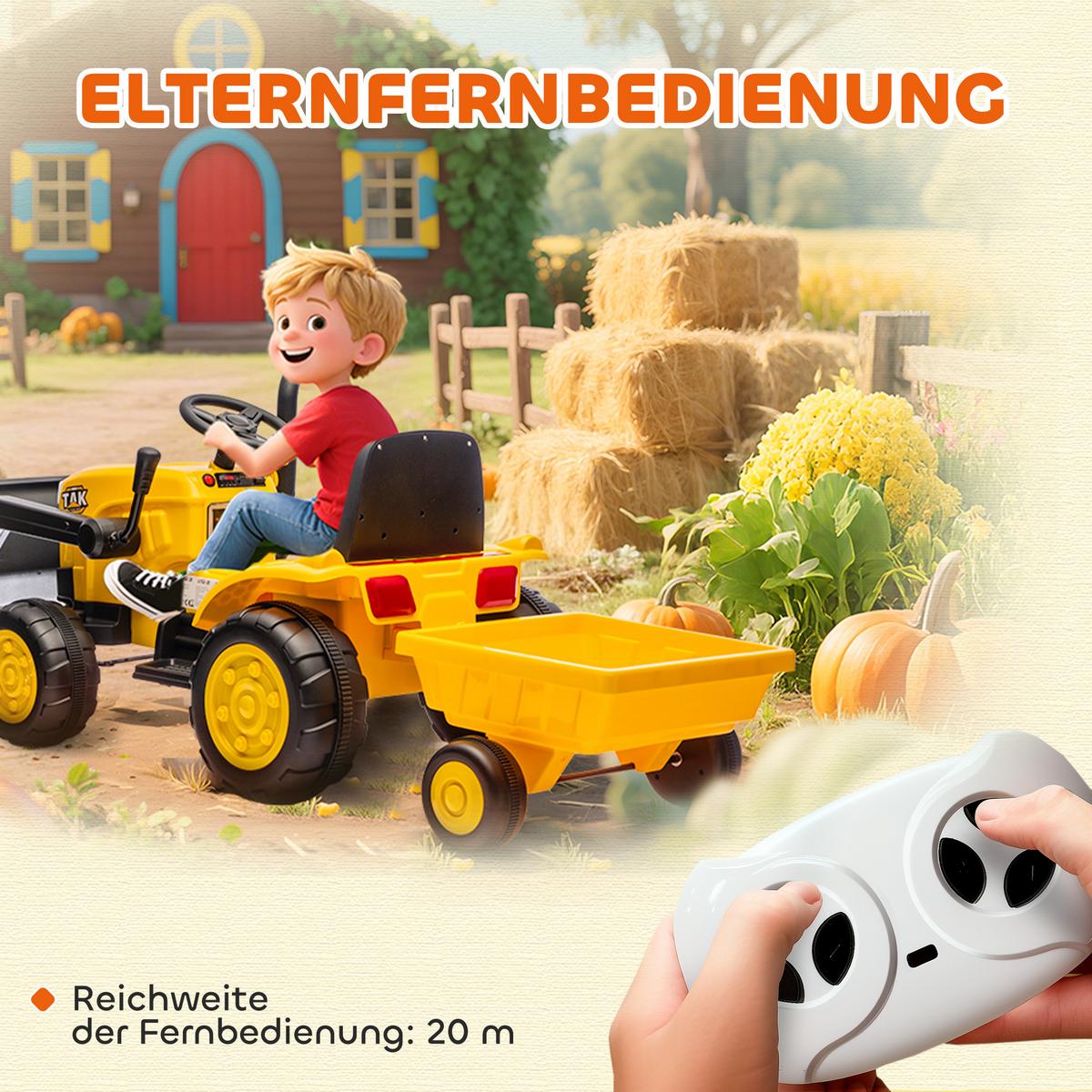 KINDER-ELEKTRO-BAGGER mit Anhänger 12V mit Fernbedienung - Gelb, Kunststoff (158/58/58.5cm) - AIYAPLAY