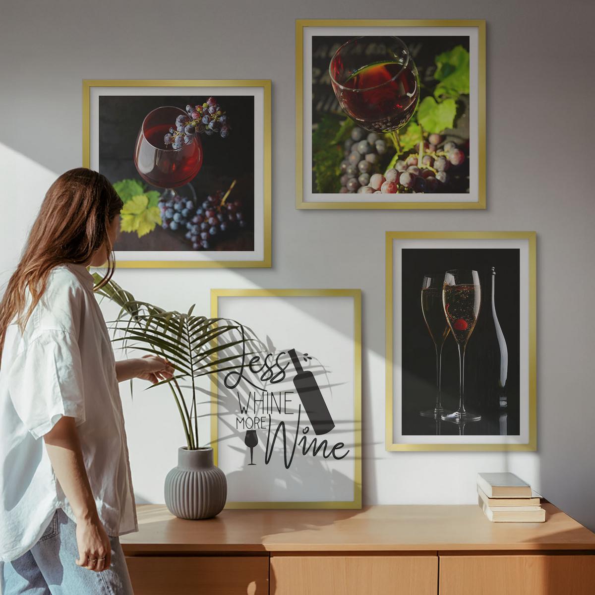 BILDER SET 4er Set - 50x50 cm & 40x60 cm Goldrahmen - Weingläser mit Trauben und Inschrift - Goldfarben, Kunststoff (50/50cm) - TULUP