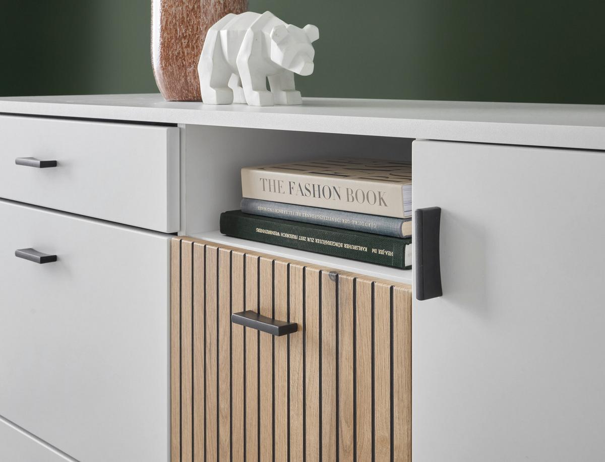 SIDEBOARD weiß matt, Eiche 150 cm, Kommode mit Soft-Close-Funktion - Eichefarben/Schwarz, Holzwerkstoff/Kunststoff (150/80/42cm) - Furn.Design