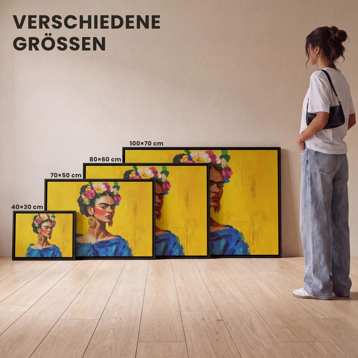 LEINWAND Bilder mit Rahmen - Frida Kahlo - Frau - Gelb - Blau - Blumen - 80x60 - Gelb, Textil (80/60cm) - MuchoWow