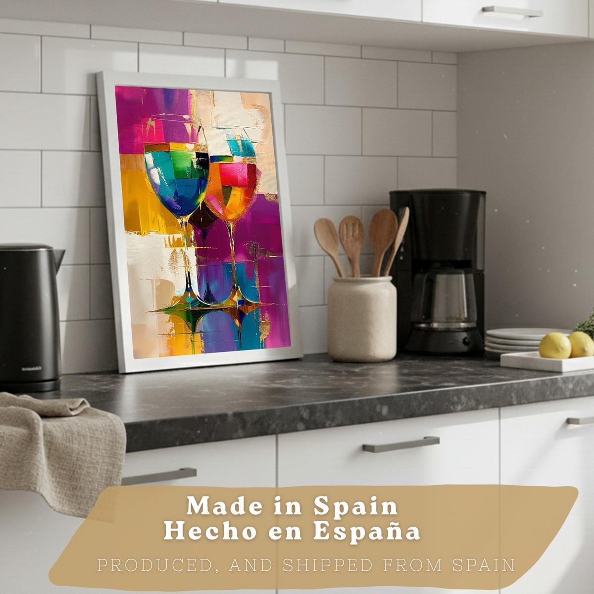 POSTER 2er Set Küchen-Wandbilder Weingläser und Flaschen Pop Art Bunt Abstrakt Esszimmer Wanddeko Weißer Rahmen A3 - Weiß, Papier (29.7/1/42cm) - Nacnic