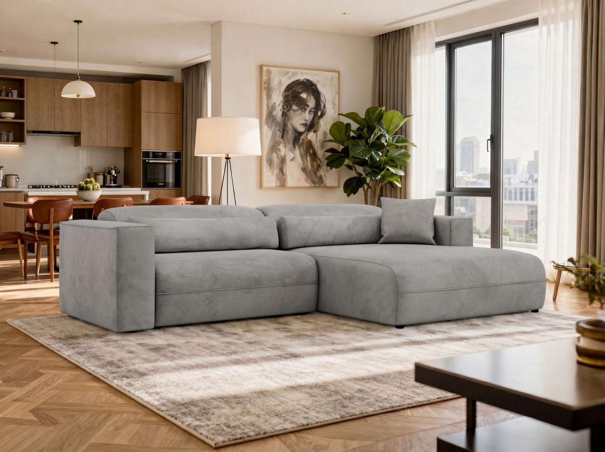 ECKSOFA PAZURRO L - Hellgrau Velvet - Rechts Seite - Hellgrau/Schwarz, Kunststoff/Textil (288/180cm) - MKS