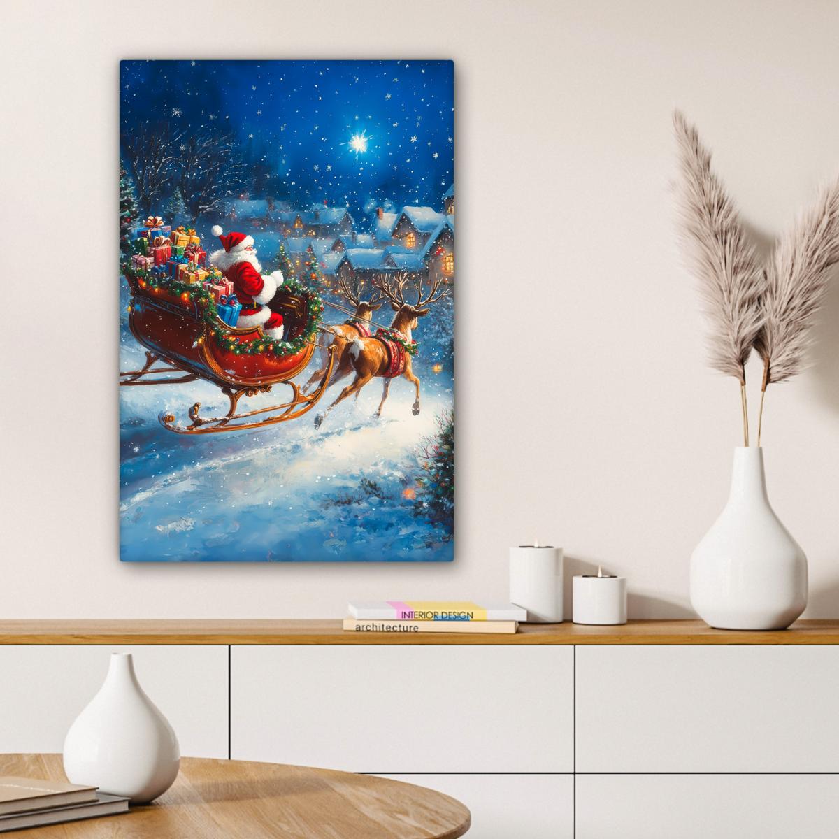 LEINWANDBILD Weihnachtsmann - Rentier - Weihnachten - Schnee Wanddeko 40x60 cm - Cognac, Textil (40/60cm) - MuchoWow