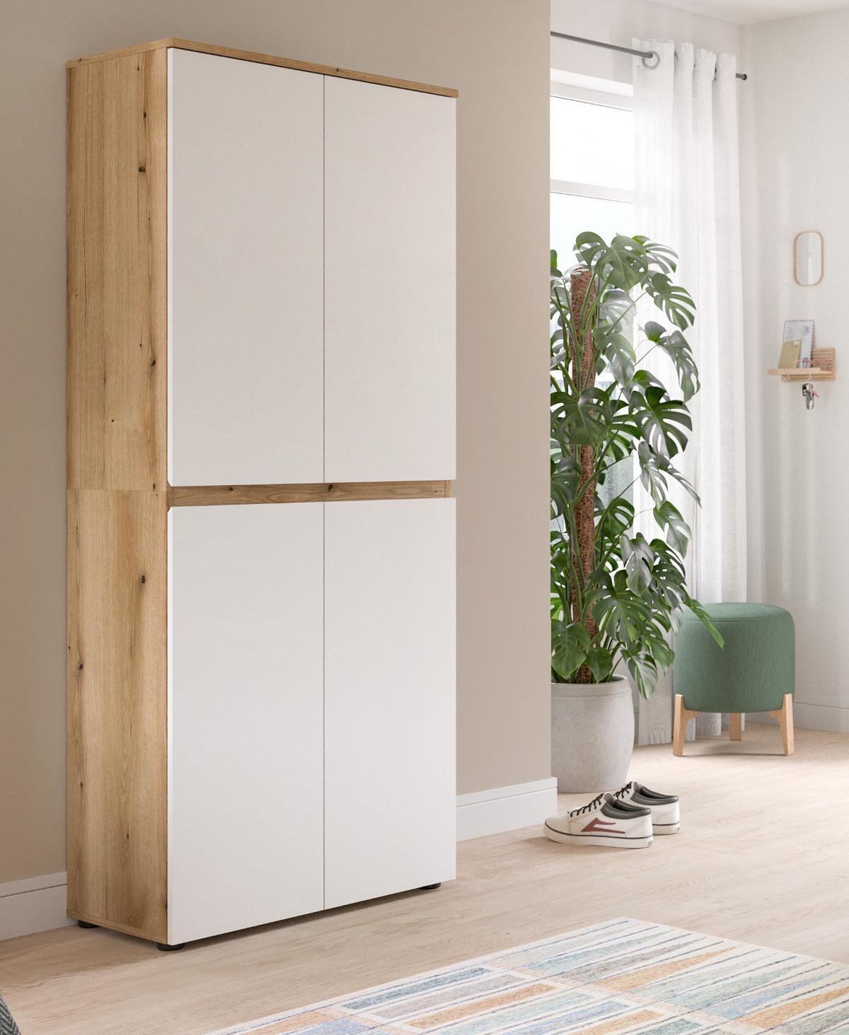 MEHRZWECKSCHRANK weiß, Evoke Eiche 70 x 175 cm, Stauraumschrank 4-türig mit 9 Fächern - Eichefarben/Schwarz, Holzwerkstoff/Kunststoff (70/175/37cm) - Inn.Furn