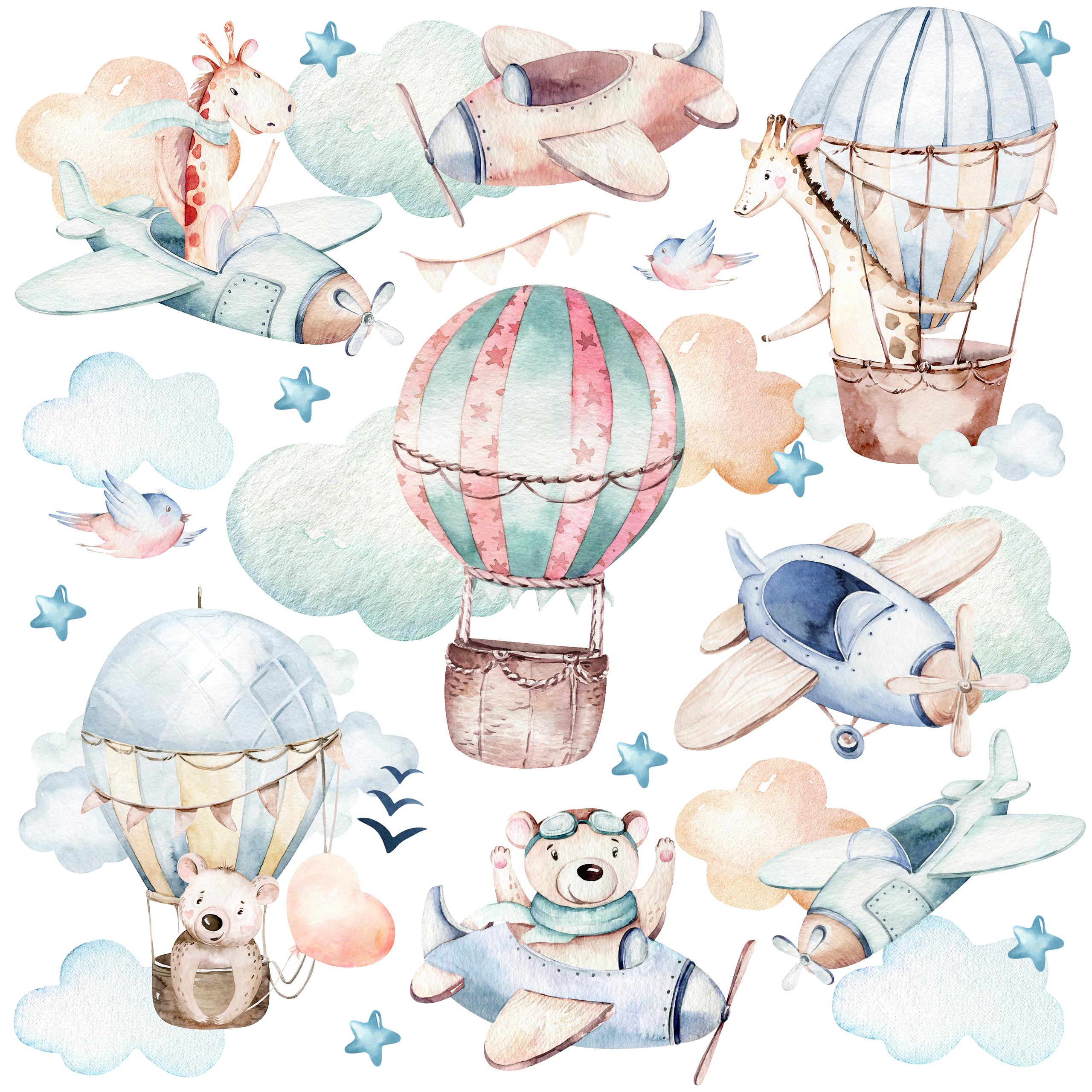 WANDAUFKLEBER SET Wilde Tiere Wolken Flugzeuge Luftballons 120x60 - Beige/Rosa, Papier (120/60/1cm) - Muralo
