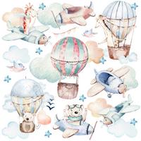 WANDAUFKLEBER SET Wilde Tiere Wolken Flugzeuge Luftballons 120x60 - Beige/Rosa, Papier (120/60/1cm) - Muralo